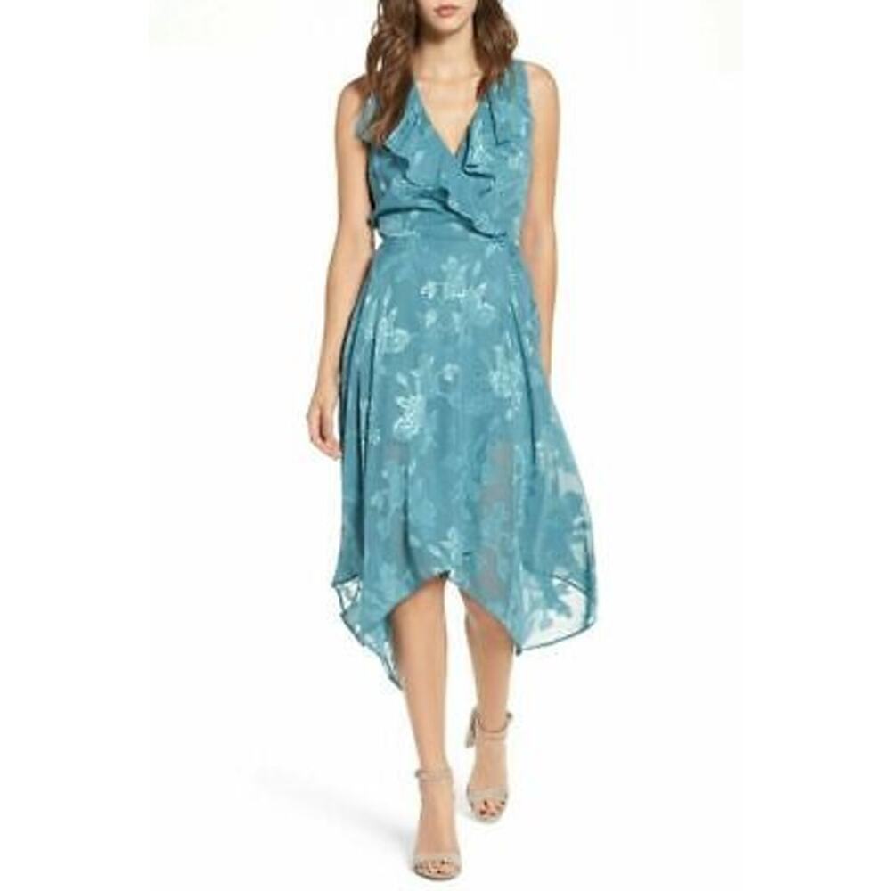 Leith Teal Floral Ruffle V-Neck Handkerchief Hem Dress